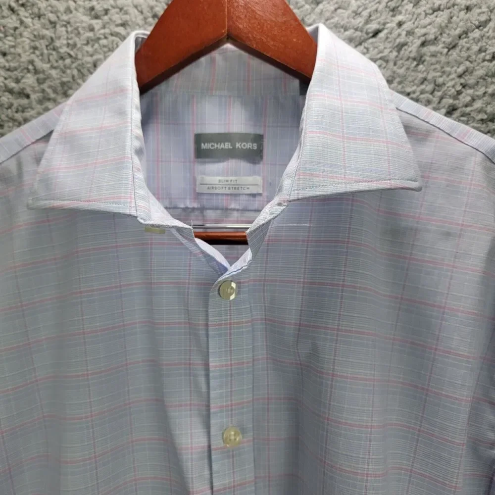 Michael Kors Shirt Mens 17 34 35  XL Blue Plaid Slim Fit Air Soft Button Front